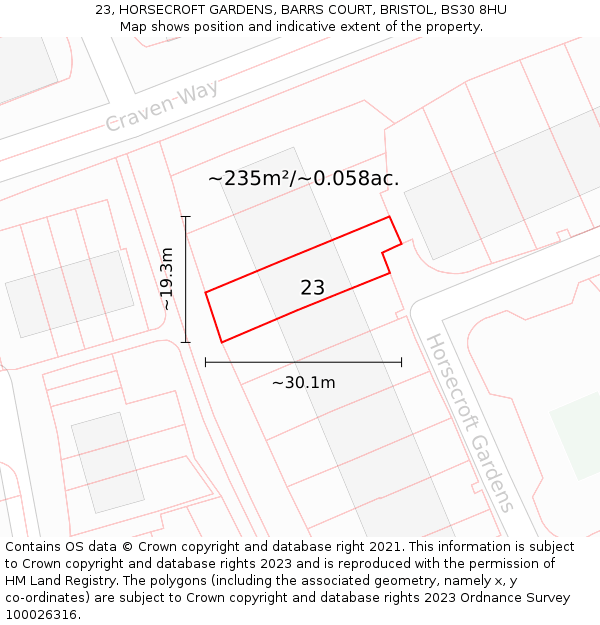 23, HORSECROFT GARDENS, BARRS COURT, BRISTOL, BS30 8HU: Plot and title map