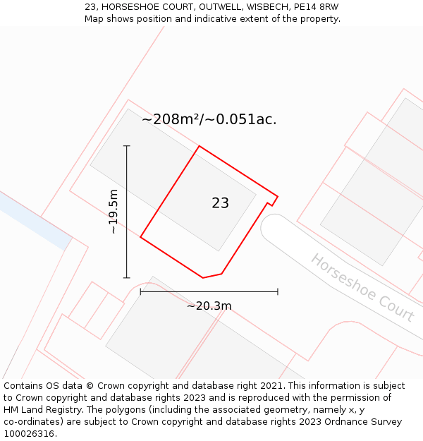 23, HORSESHOE COURT, OUTWELL, WISBECH, PE14 8RW: Plot and title map