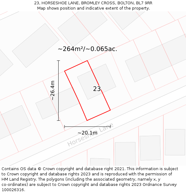 23, HORSESHOE LANE, BROMLEY CROSS, BOLTON, BL7 9RR: Plot and title map