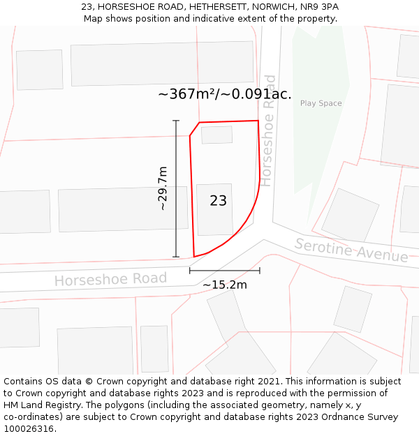 23, HORSESHOE ROAD, HETHERSETT, NORWICH, NR9 3PA: Plot and title map