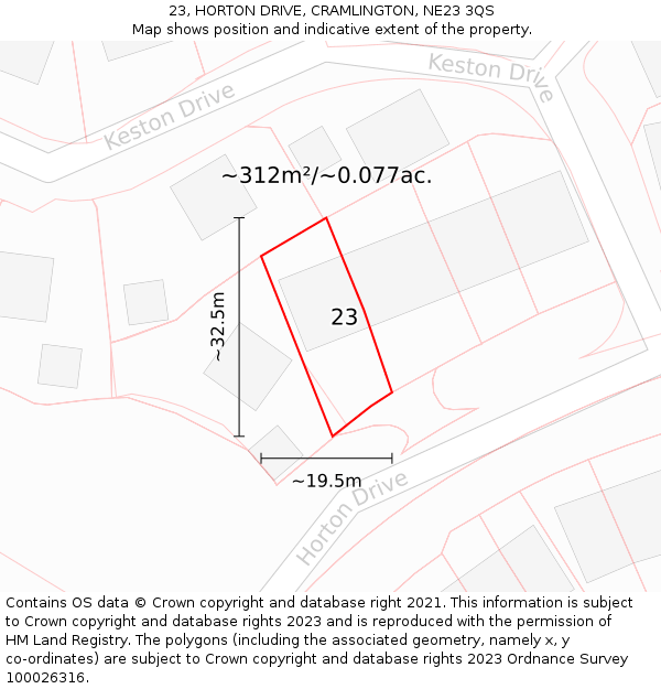23, HORTON DRIVE, CRAMLINGTON, NE23 3QS: Plot and title map