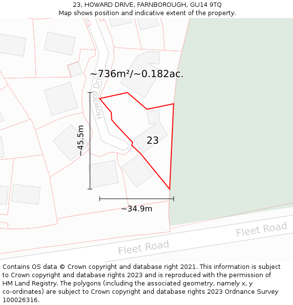 23, HOWARD DRIVE, FARNBOROUGH, GU14 9TQ: Plot and title map