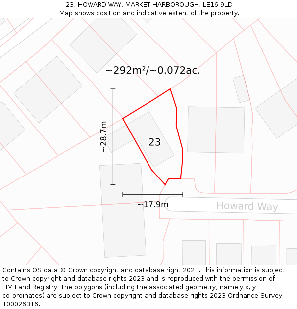 23, HOWARD WAY, MARKET HARBOROUGH, LE16 9LD: Plot and title map