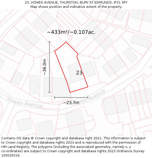 23, HOWES AVENUE, THURSTON, BURY ST EDMUNDS, IP31 3PY: Plot and title map