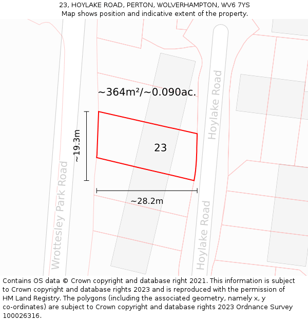 23, HOYLAKE ROAD, PERTON, WOLVERHAMPTON, WV6 7YS: Plot and title map