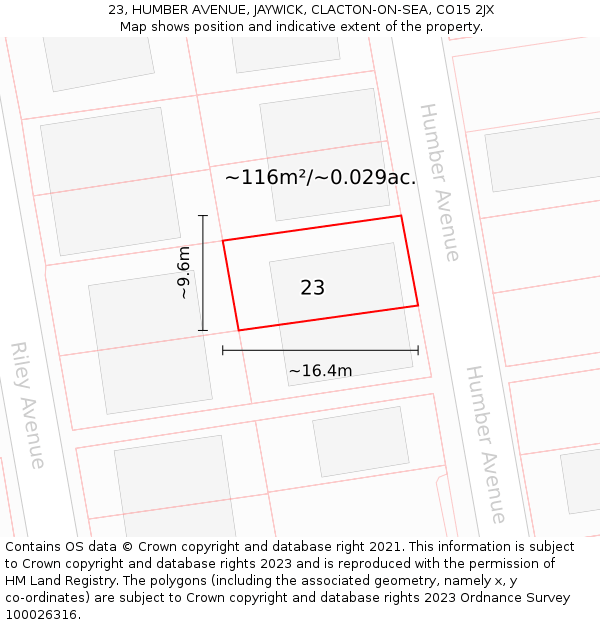 23, HUMBER AVENUE, JAYWICK, CLACTON-ON-SEA, CO15 2JX: Plot and title map