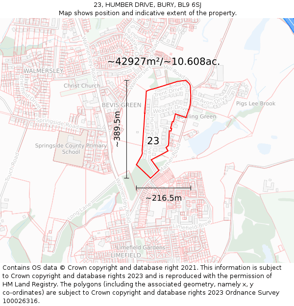 23, HUMBER DRIVE, BURY, BL9 6SJ: Plot and title map