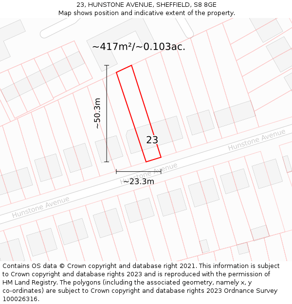 23, HUNSTONE AVENUE, SHEFFIELD, S8 8GE: Plot and title map