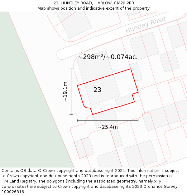 23, HUNTLEY ROAD, HARLOW, CM20 2PR: Plot and title map