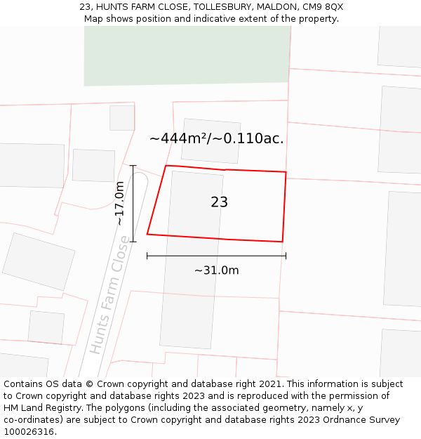 23, HUNTS FARM CLOSE, TOLLESBURY, MALDON, CM9 8QX: Plot and title map