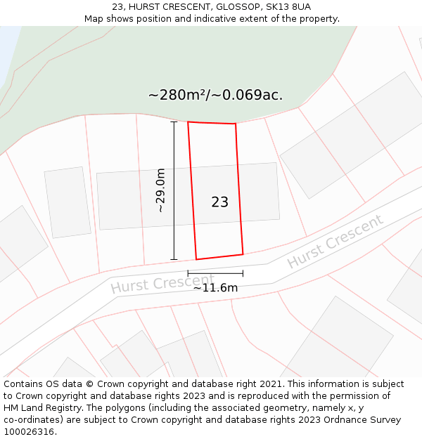 23, HURST CRESCENT, GLOSSOP, SK13 8UA: Plot and title map
