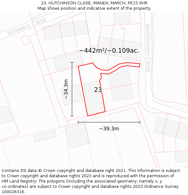 23, HUTCHINSON CLOSE, MANEA, MARCH, PE15 0HR: Plot and title map