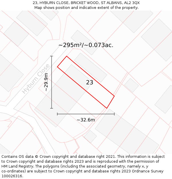 23, HYBURN CLOSE, BRICKET WOOD, ST ALBANS, AL2 3QX: Plot and title map