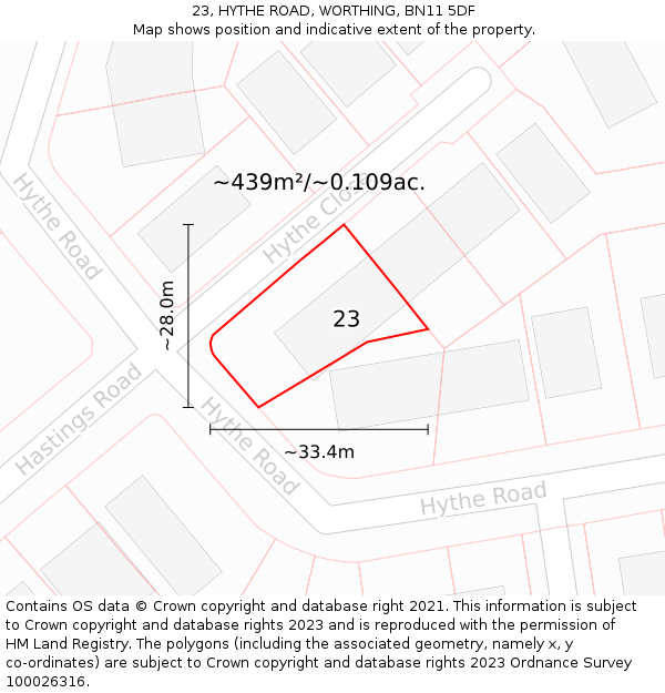 23, HYTHE ROAD, WORTHING, BN11 5DF: Plot and title map