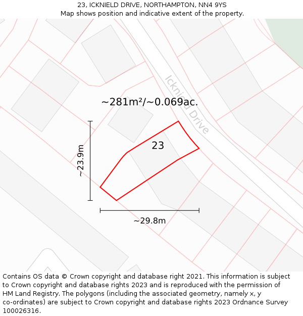 23, ICKNIELD DRIVE, NORTHAMPTON, NN4 9YS: Plot and title map