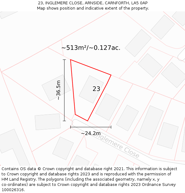 23, INGLEMERE CLOSE, ARNSIDE, CARNFORTH, LA5 0AP: Plot and title map