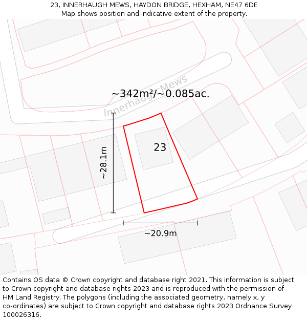 23, INNERHAUGH MEWS, HAYDON BRIDGE, HEXHAM, NE47 6DE: Plot and title map