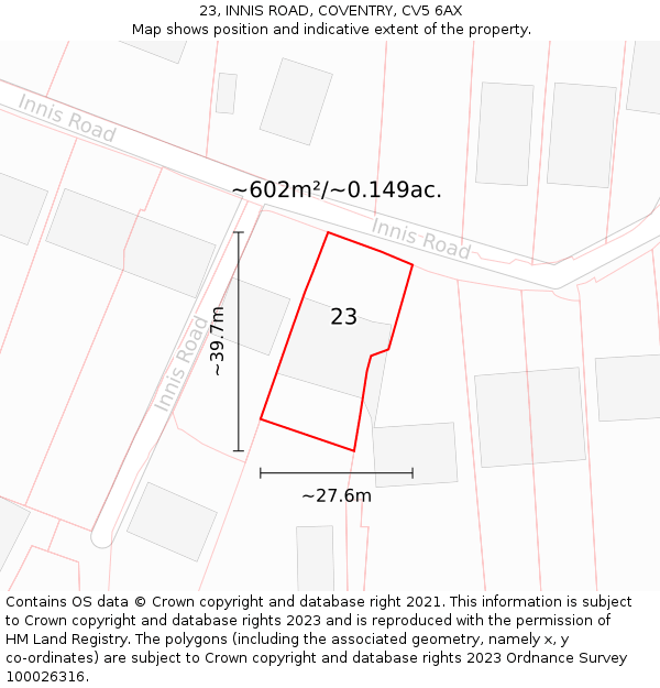 23, INNIS ROAD, COVENTRY, CV5 6AX: Plot and title map