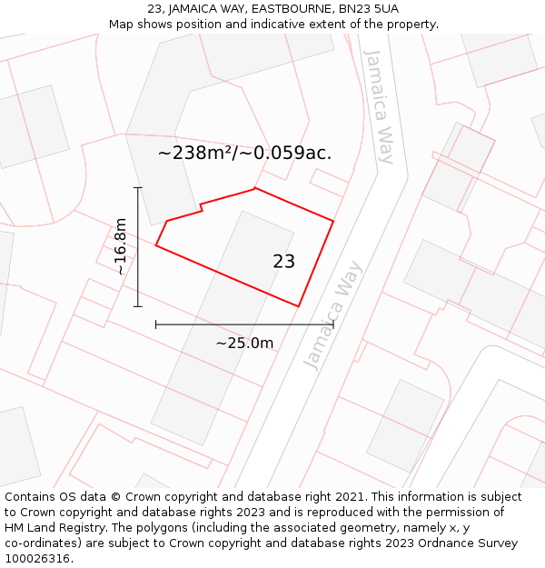 23, JAMAICA WAY, EASTBOURNE, BN23 5UA: Plot and title map