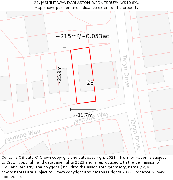 23, JASMINE WAY, DARLASTON, WEDNESBURY, WS10 8XU: Plot and title map