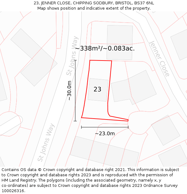 23, JENNER CLOSE, CHIPPING SODBURY, BRISTOL, BS37 6NL: Plot and title map