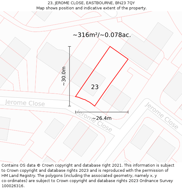 23, JEROME CLOSE, EASTBOURNE, BN23 7QY: Plot and title map