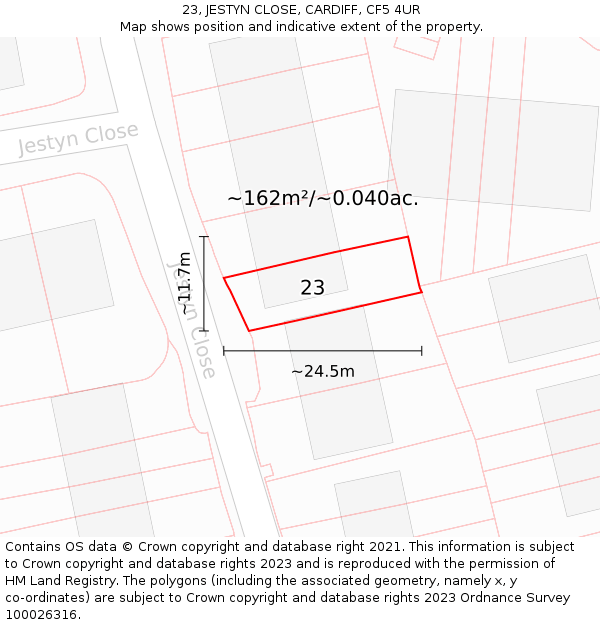 23, JESTYN CLOSE, CARDIFF, CF5 4UR: Plot and title map