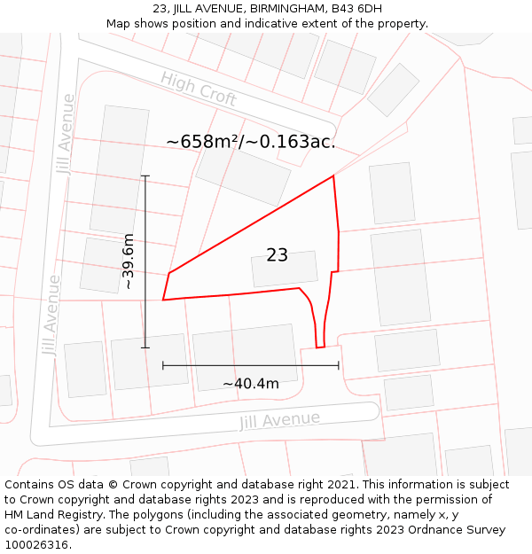 23, JILL AVENUE, BIRMINGHAM, B43 6DH: Plot and title map