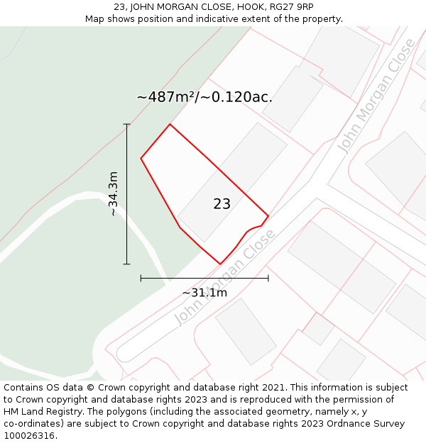 23, JOHN MORGAN CLOSE, HOOK, RG27 9RP: Plot and title map