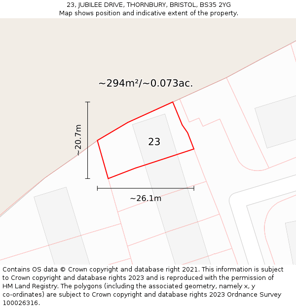 23, JUBILEE DRIVE, THORNBURY, BRISTOL, BS35 2YG: Plot and title map