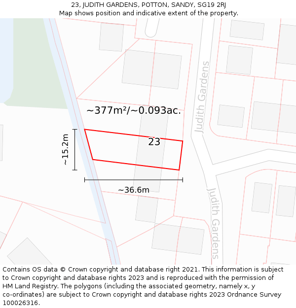 23, JUDITH GARDENS, POTTON, SANDY, SG19 2RJ: Plot and title map
