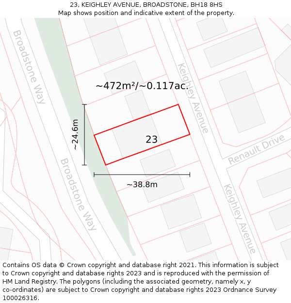 23, KEIGHLEY AVENUE, BROADSTONE, BH18 8HS: Plot and title map