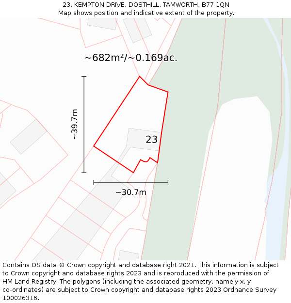 23, KEMPTON DRIVE, DOSTHILL, TAMWORTH, B77 1QN: Plot and title map