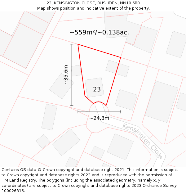 23, KENSINGTON CLOSE, RUSHDEN, NN10 6RR: Plot and title map