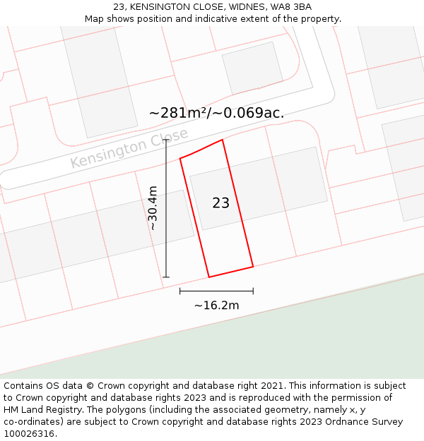 23, KENSINGTON CLOSE, WIDNES, WA8 3BA: Plot and title map
