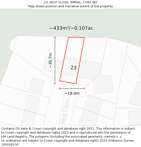 23, KENT CLOSE, WIRRAL, CH63 0EF: Plot and title map