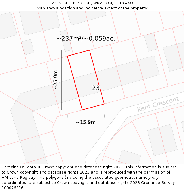 23, KENT CRESCENT, WIGSTON, LE18 4XQ: Plot and title map