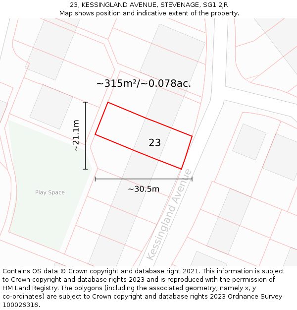 23, KESSINGLAND AVENUE, STEVENAGE, SG1 2JR: Plot and title map