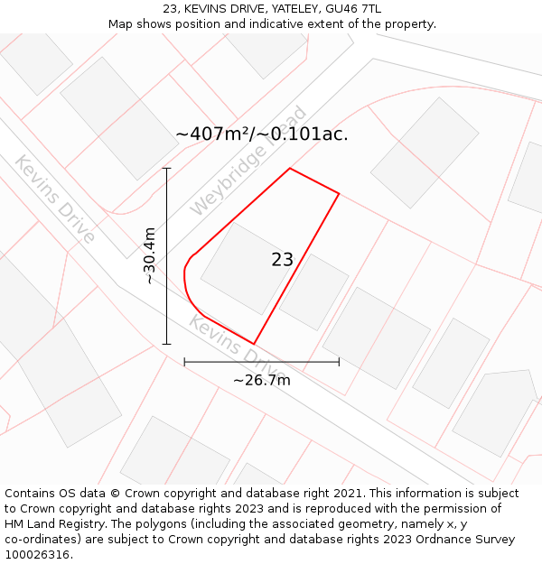 23, KEVINS DRIVE, YATELEY, GU46 7TL: Plot and title map