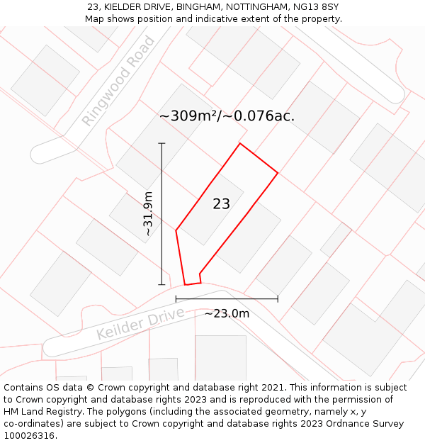 23, KIELDER DRIVE, BINGHAM, NOTTINGHAM, NG13 8SY: Plot and title map