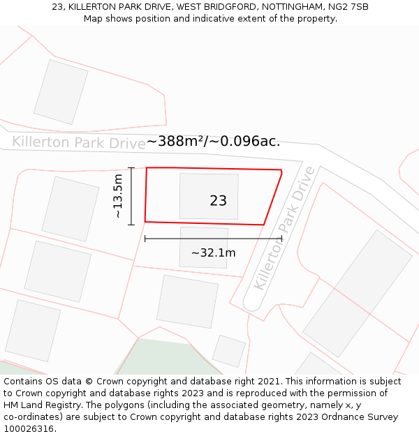 23, KILLERTON PARK DRIVE, WEST BRIDGFORD, NOTTINGHAM, NG2 7SB: Plot and title map