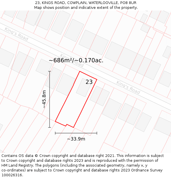 23, KINGS ROAD, COWPLAIN, WATERLOOVILLE, PO8 8UR: Plot and title map