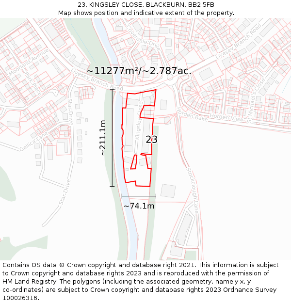 23, KINGSLEY CLOSE, BLACKBURN, BB2 5FB: Plot and title map