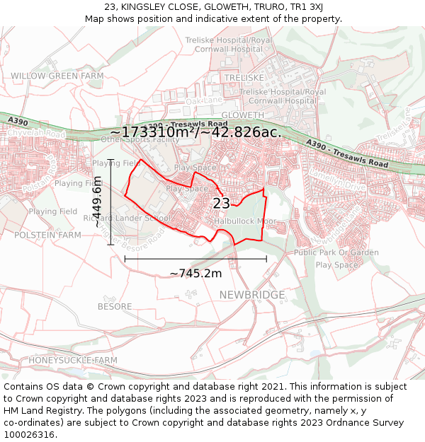 23, KINGSLEY CLOSE, GLOWETH, TRURO, TR1 3XJ: Plot and title map