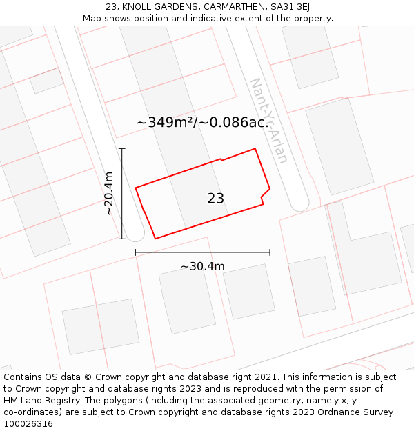 23, KNOLL GARDENS, CARMARTHEN, SA31 3EJ: Plot and title map