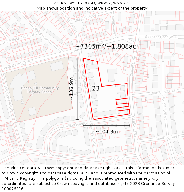 23, KNOWSLEY ROAD, WIGAN, WN6 7PZ: Plot and title map