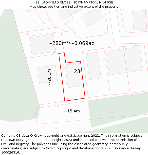 23, LADYMEAD CLOSE, NORTHAMPTON, NN4 9SE: Plot and title map