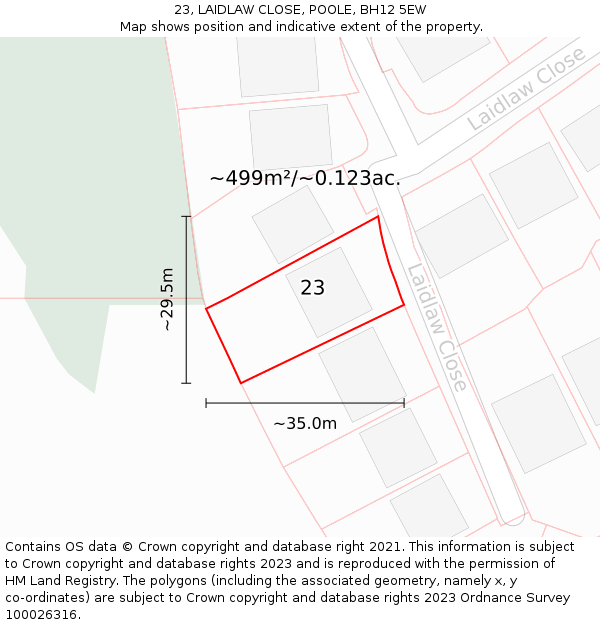 23, LAIDLAW CLOSE, POOLE, BH12 5EW: Plot and title map