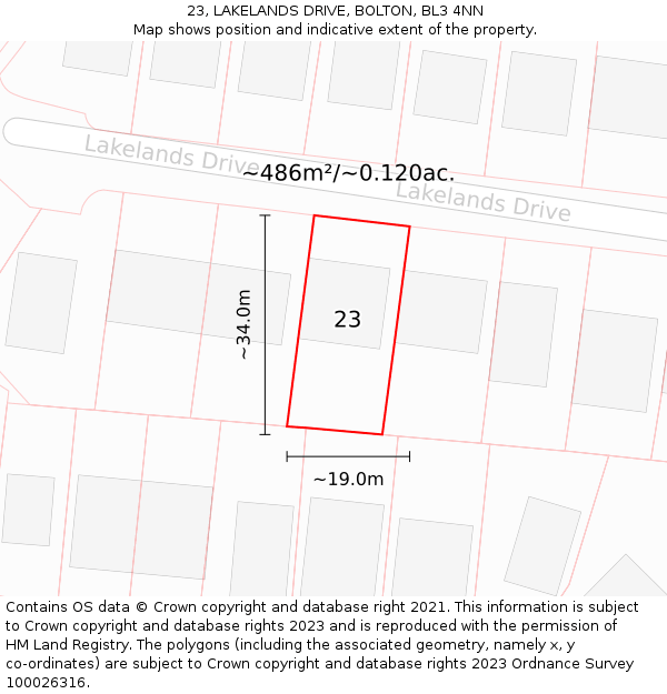 23, LAKELANDS DRIVE, BOLTON, BL3 4NN: Plot and title map