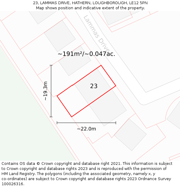 23, LAMMAS DRIVE, HATHERN, LOUGHBOROUGH, LE12 5PN: Plot and title map